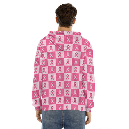 Breast Cancer Awareness Pattern Print Men's Velvet Pullover Hoodie