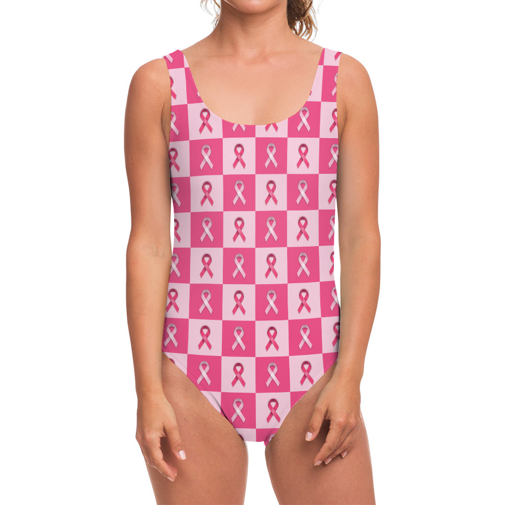 Breast Cancer Awareness Pattern Print One Piece Swimsuit