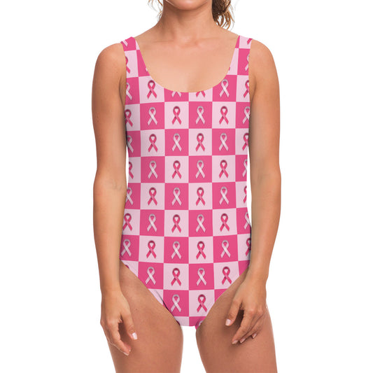Breast Cancer Awareness Pattern Print One Piece Swimsuit