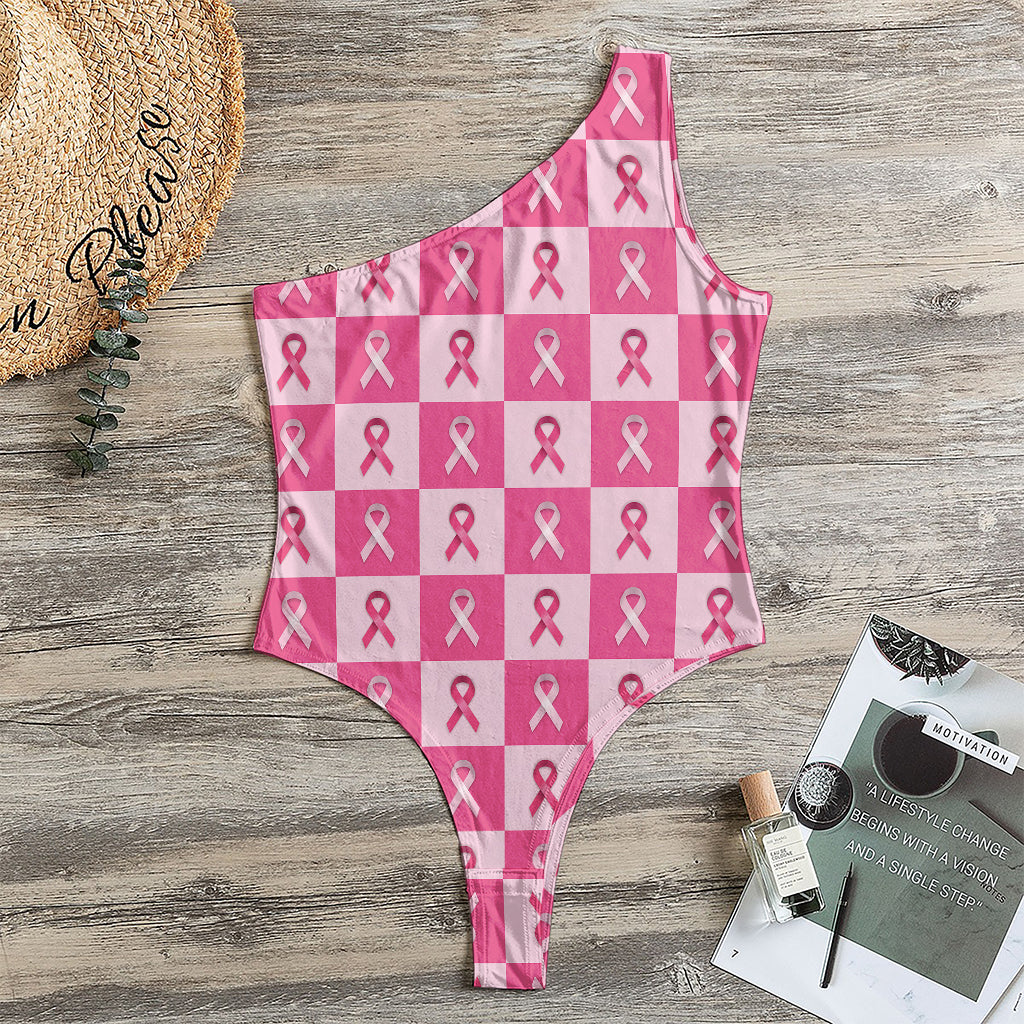 Breast Cancer Awareness Pattern Print One Shoulder Bodysuit