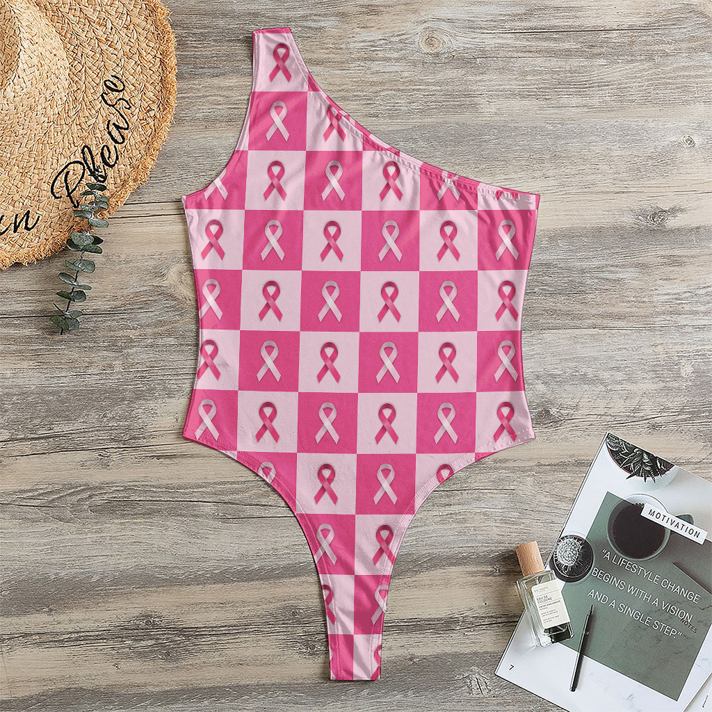 Breast Cancer Awareness Pattern Print One Shoulder Bodysuit