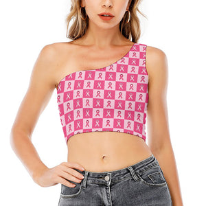 Breast Cancer Awareness Pattern Print One Shoulder Crop Top