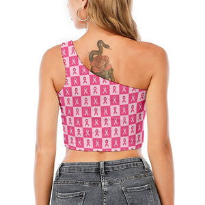 Breast Cancer Awareness Pattern Print One Shoulder Crop Top