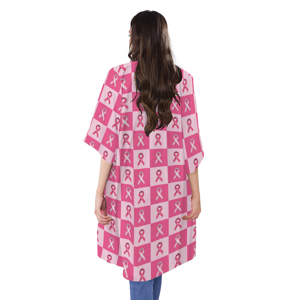 Breast Cancer Awareness Pattern Print Open Front Beach Cover Up