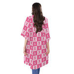 Breast Cancer Awareness Pattern Print Open Front Beach Cover Up