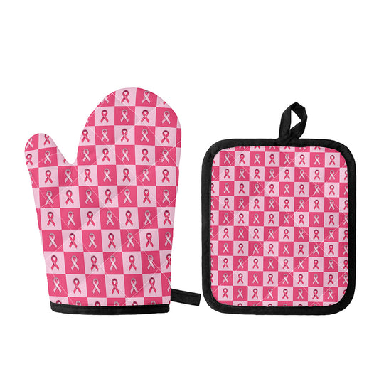 Breast Cancer Awareness Pattern Print Oven Mitt And Pot Holder Set
