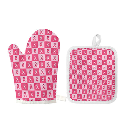 Breast Cancer Awareness Pattern Print Oven Mitt And Pot Holder Set