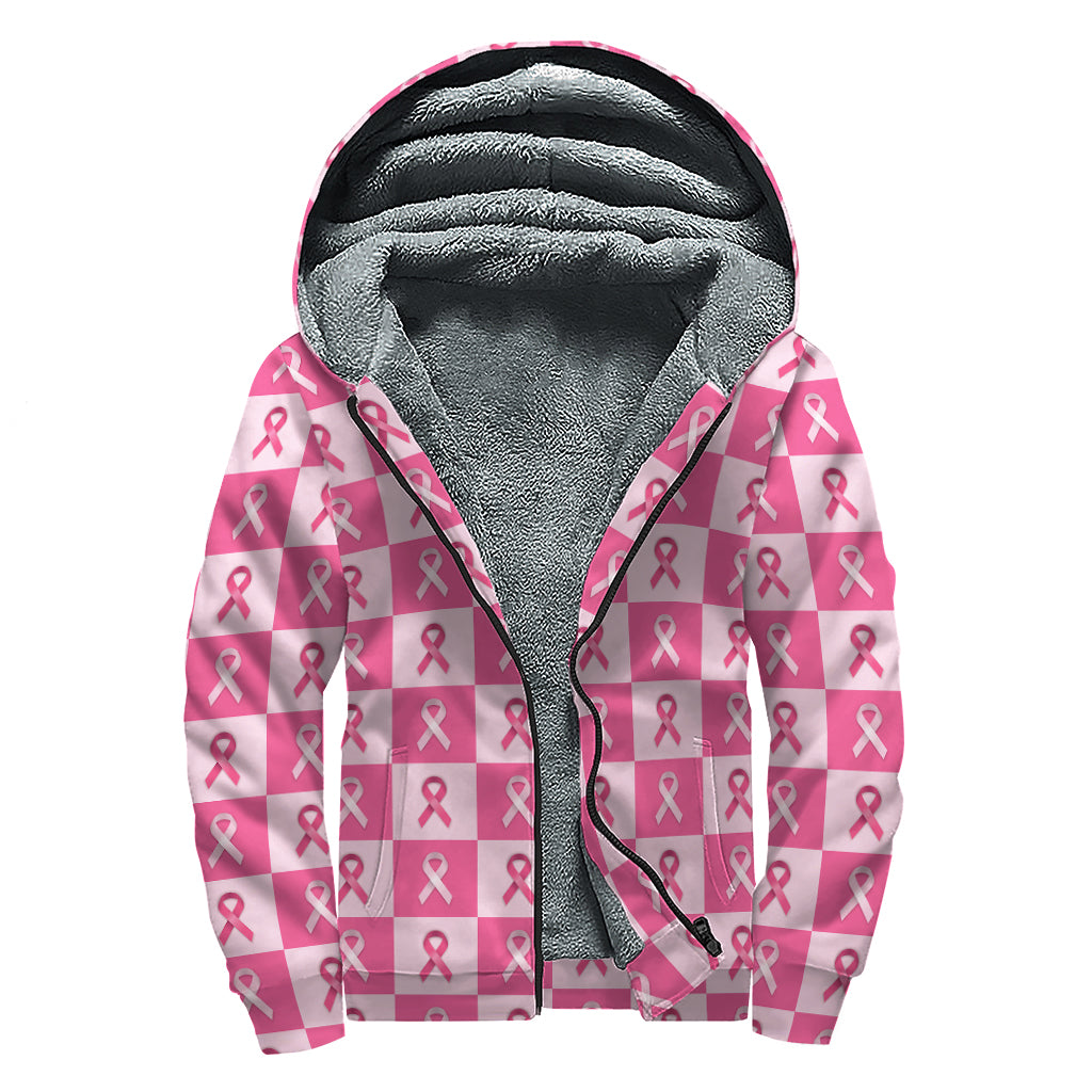 Breast Cancer Awareness Pattern Print Sherpa Lined Zip Up Hoodie