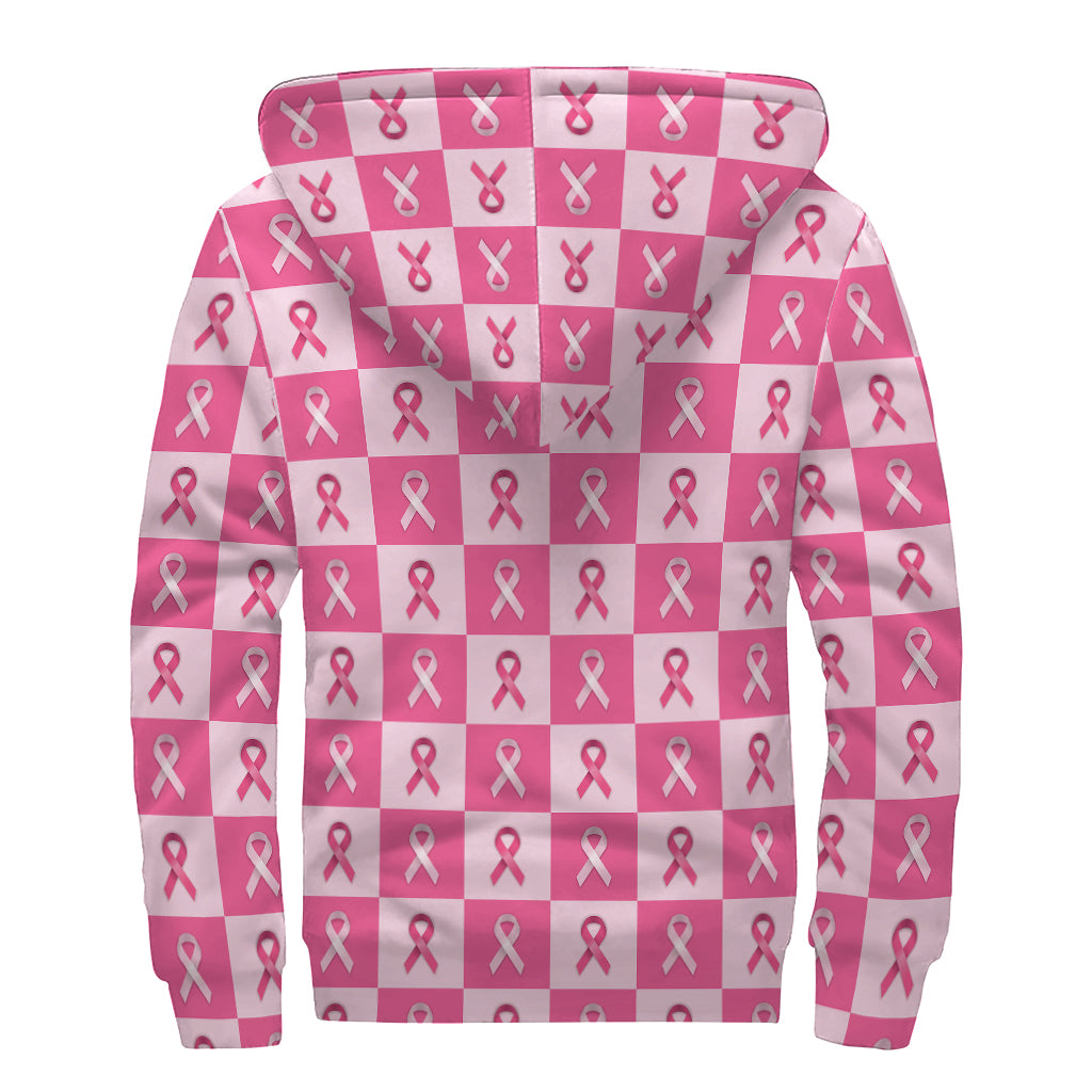 Breast Cancer Awareness Pattern Print Sherpa Lined Zip Up Hoodie