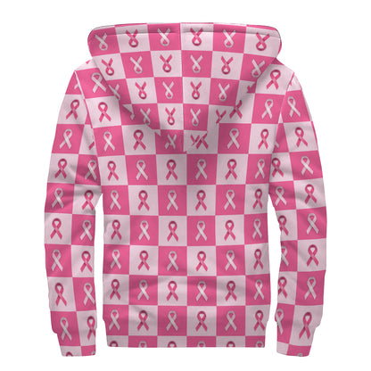 Breast Cancer Awareness Pattern Print Sherpa Lined Zip Up Hoodie
