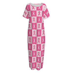 Breast Cancer Awareness Pattern Print Short Sleeve Long Nightdress