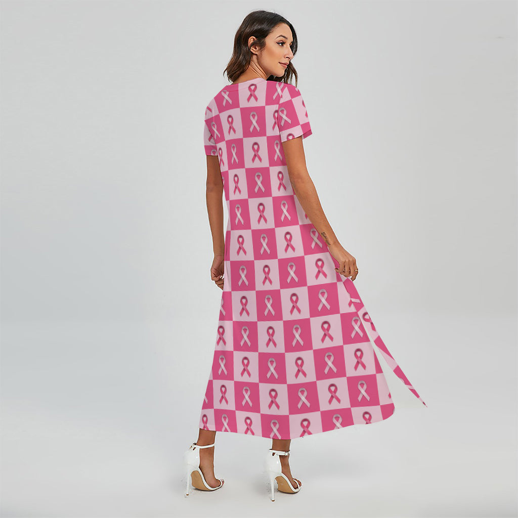 Breast Cancer Awareness Pattern Print Short Sleeve Maxi Dress