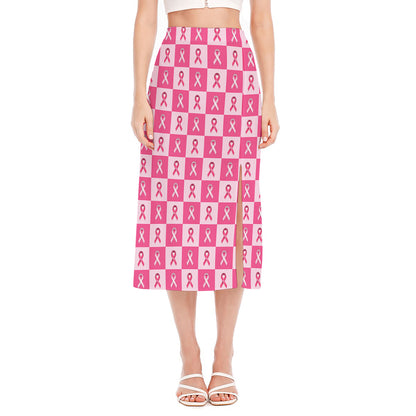 Breast Cancer Awareness Pattern Print Side Slit Midi Skirt