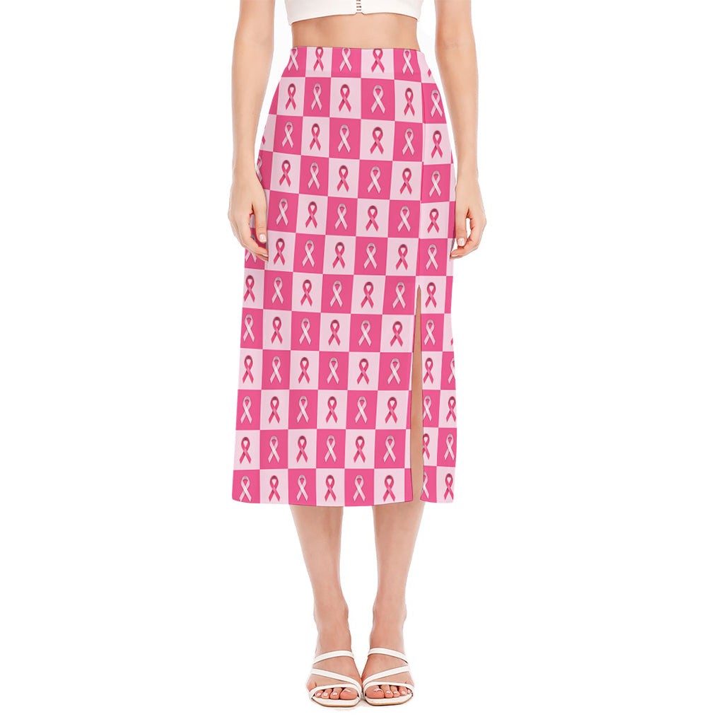 Breast Cancer Awareness Pattern Print Side Slit Midi Skirt