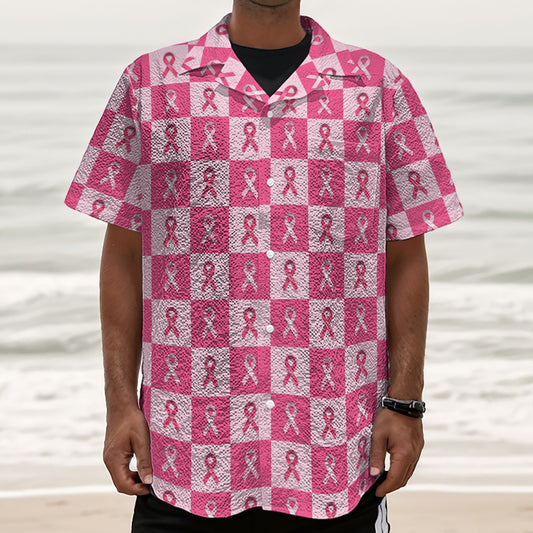 Breast Cancer Awareness Pattern Print Textured Short Sleeve Shirt