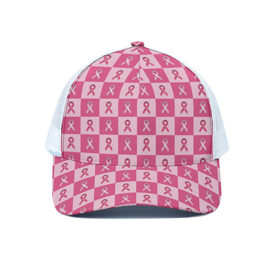 Breast Cancer Awareness Pattern Print White Mesh Trucker Cap