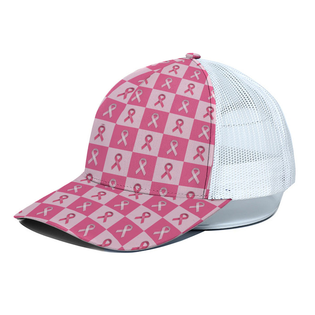 Breast Cancer Awareness Pattern Print White Mesh Trucker Cap