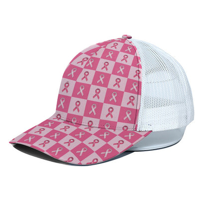 Breast Cancer Awareness Pattern Print White Mesh Trucker Cap