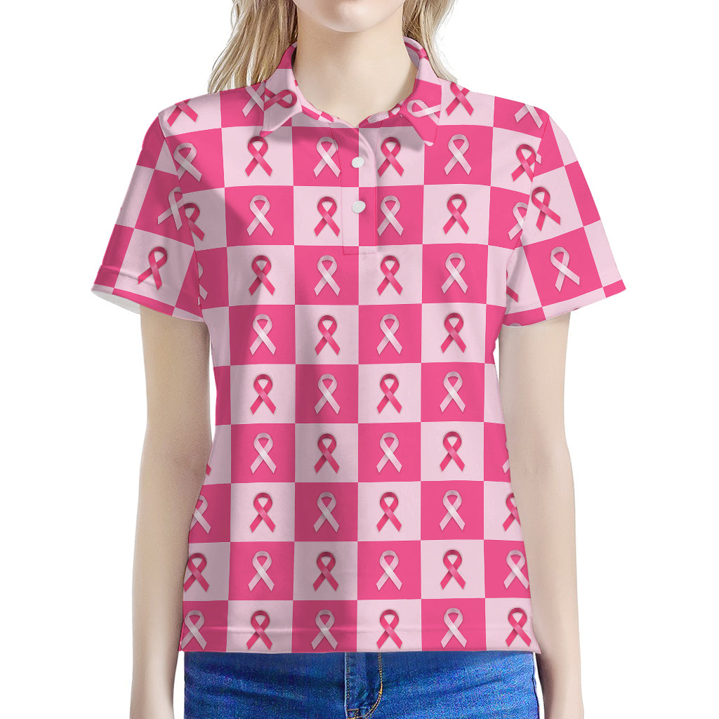 Breast Cancer Awareness Pattern Print Women's Polo Shirt
