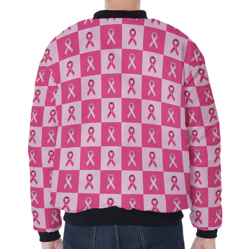 Breast Cancer Awareness Pattern Print Zip Sleeve Bomber Jacket