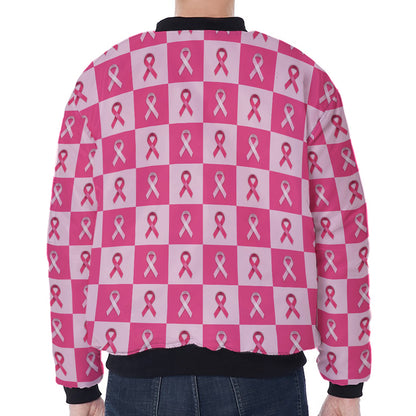 Breast Cancer Awareness Pattern Print Zip Sleeve Bomber Jacket