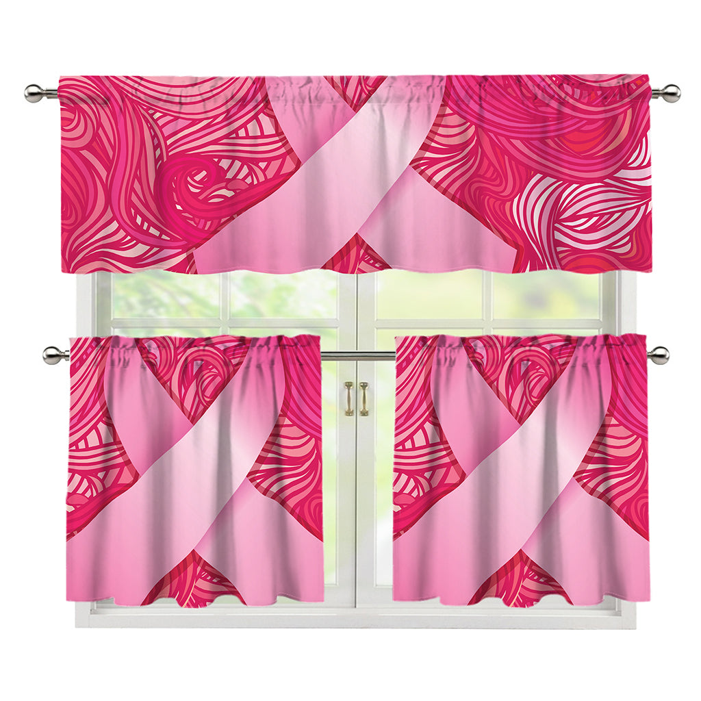 Breast Cancer Awareness Ribbon Print 3 Piece Kitchen Curtains