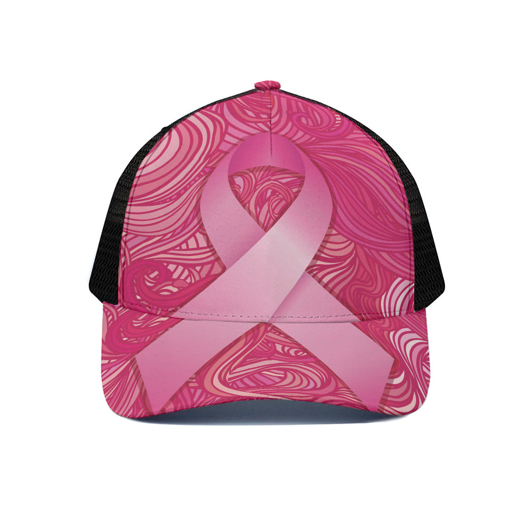Breast Cancer Awareness Ribbon Print Black Mesh Trucker Cap