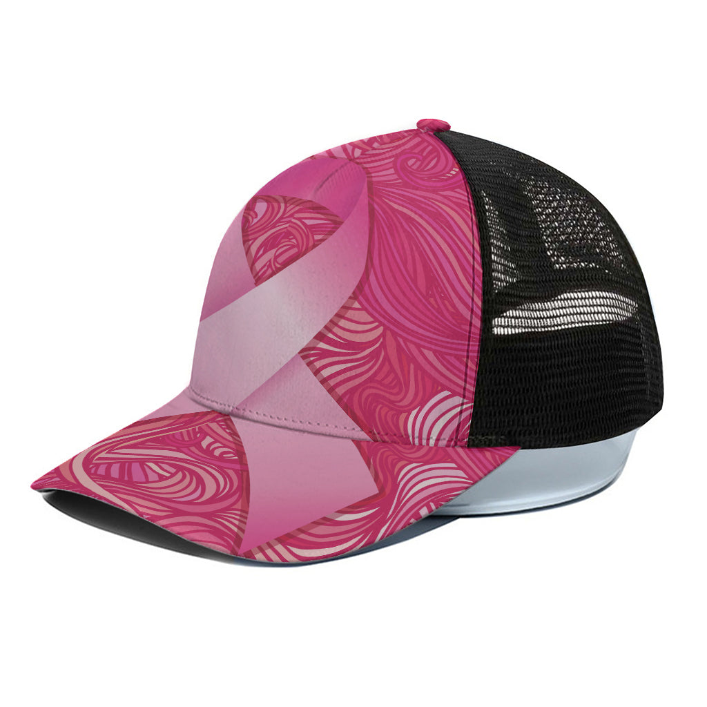 Breast Cancer Awareness Ribbon Print Black Mesh Trucker Cap