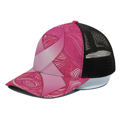 Breast Cancer Awareness Ribbon Print Black Mesh Trucker Cap