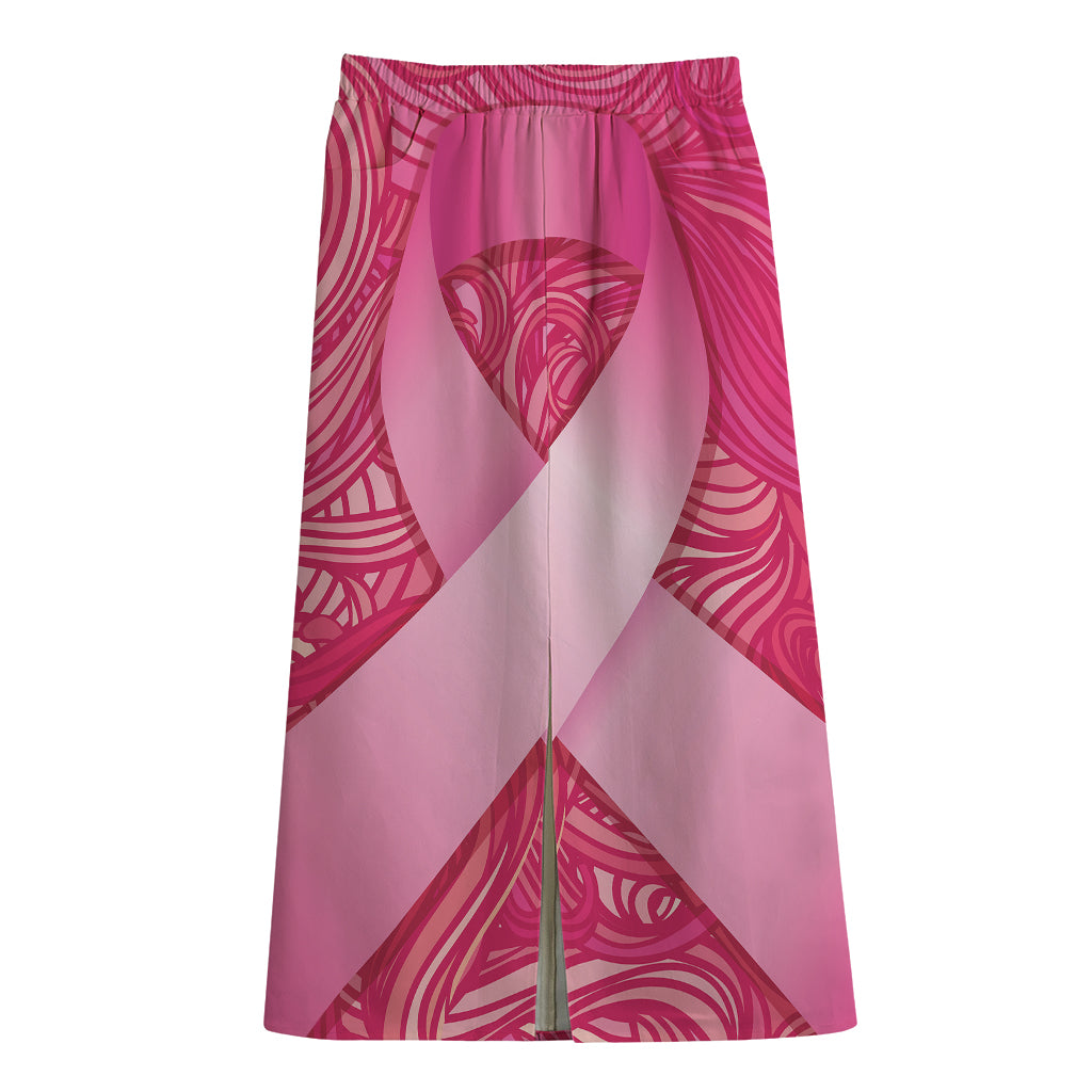 Breast Cancer Awareness Ribbon Print Cotton Front Slit Maxi Skirt