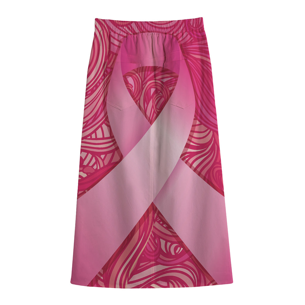 Breast Cancer Awareness Ribbon Print Cotton Front Slit Maxi Skirt