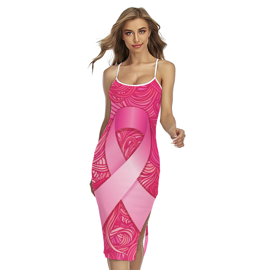 Breast Cancer Awareness Ribbon Print Cross Back Cami Dress