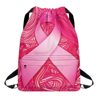 Breast Cancer Awareness Ribbon Print Drawstring Backpack