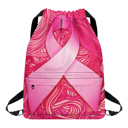 Breast Cancer Awareness Ribbon Print Drawstring Backpack
