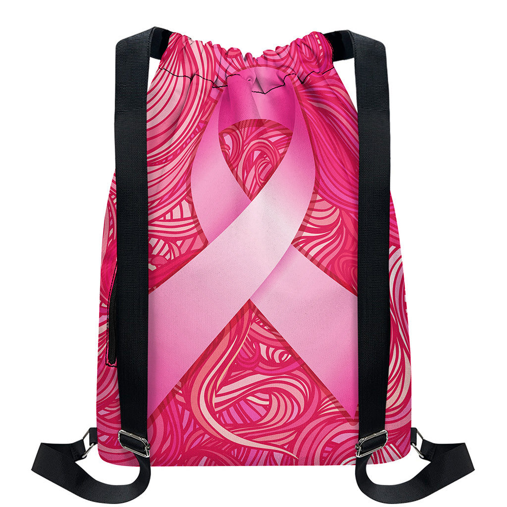 Breast Cancer Awareness Ribbon Print Drawstring Backpack