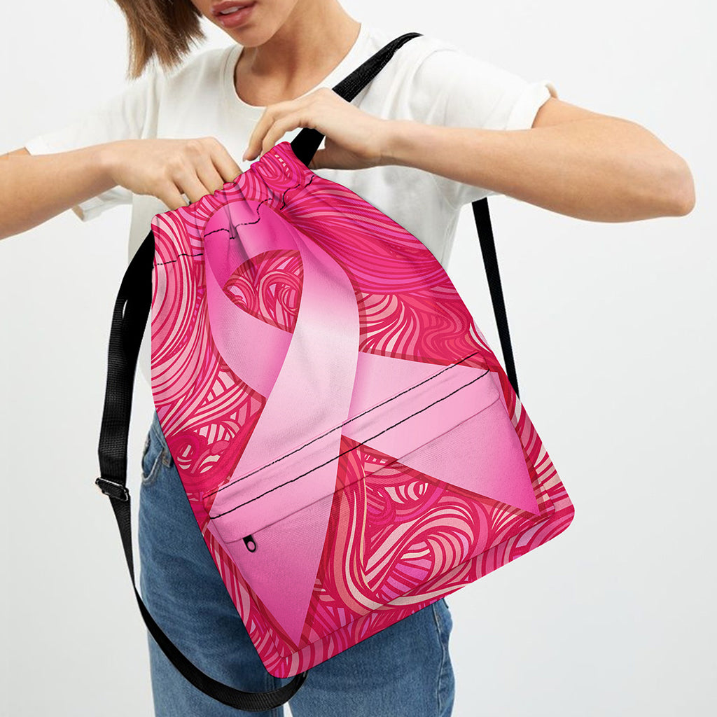 Breast Cancer Awareness Ribbon Print Drawstring Backpack
