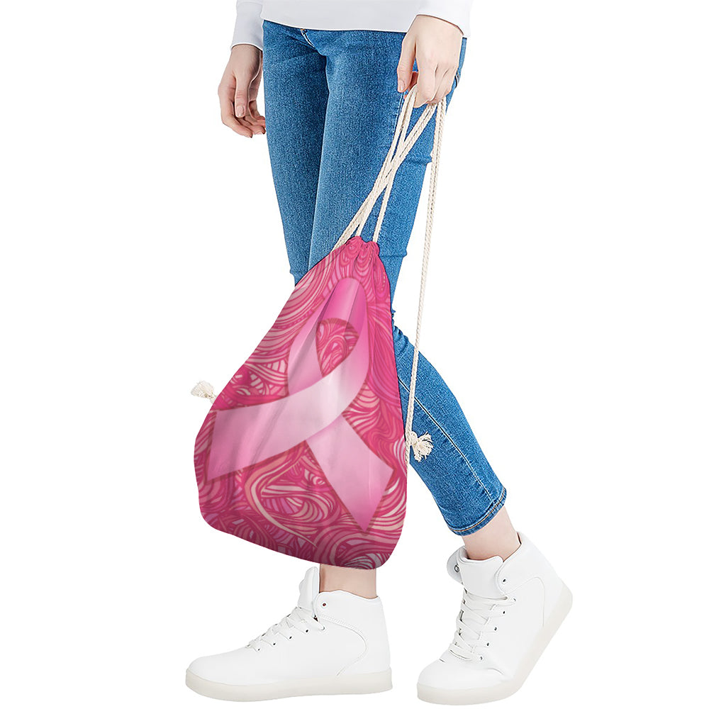 Breast Cancer Awareness Ribbon Print Drawstring Bag