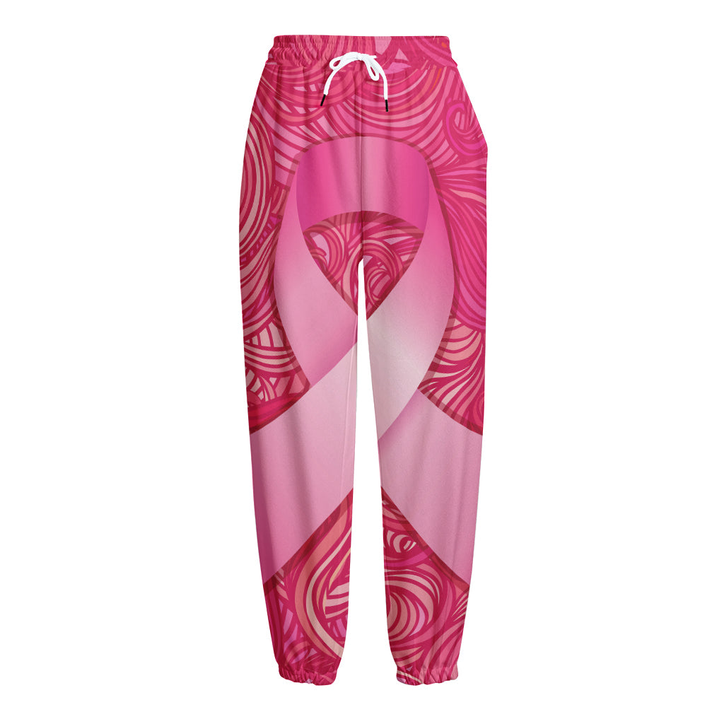 Breast Cancer Awareness Ribbon Print Fleece Lined Knit Pants