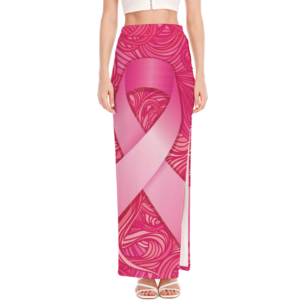 Breast Cancer Awareness Ribbon Print High Slit Maxi Skirt