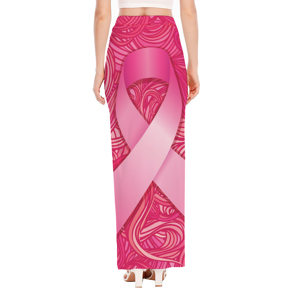 Breast Cancer Awareness Ribbon Print High Slit Maxi Skirt