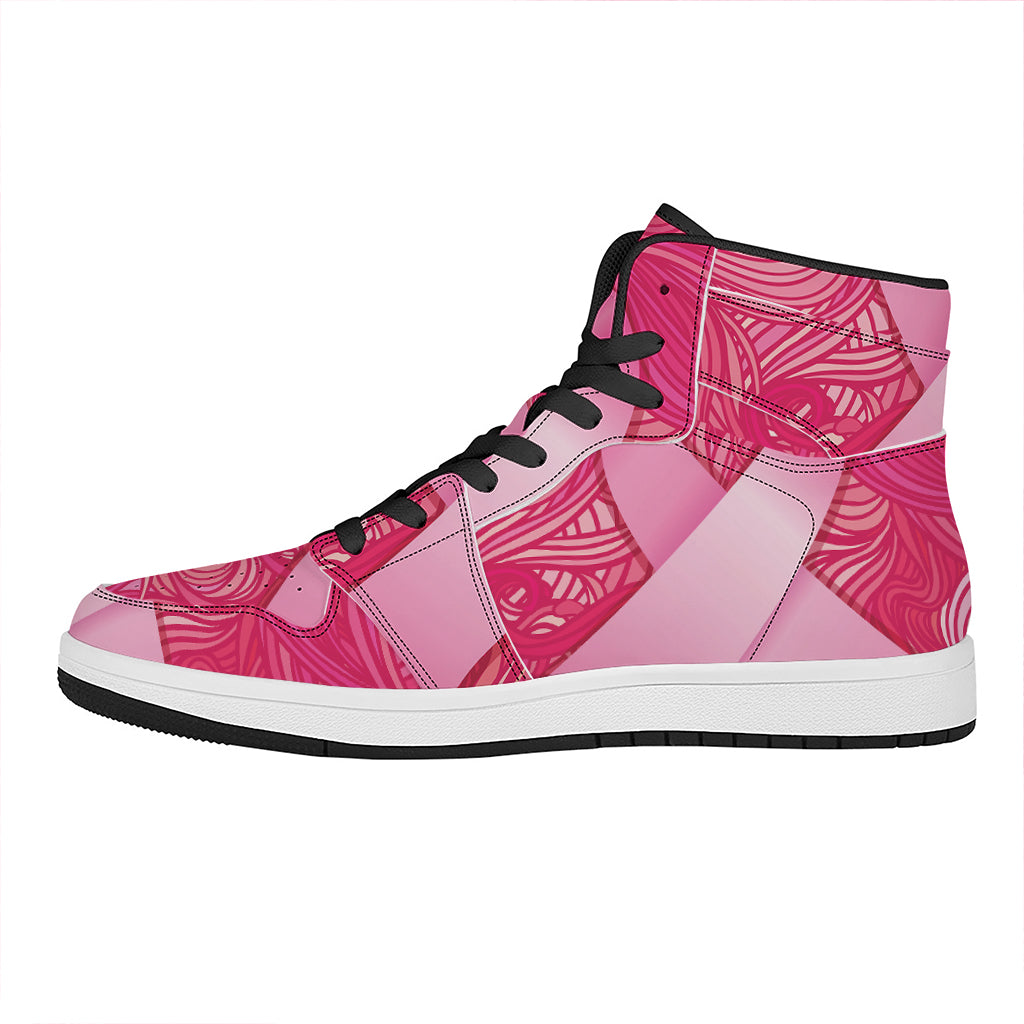 Breast Cancer Awareness Ribbon Print High Top Leather Sneakers
