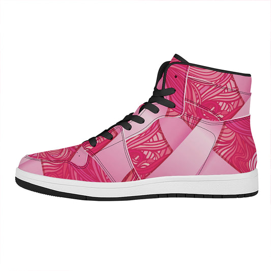 Breast Cancer Awareness Ribbon Print High Top Leather Sneakers
