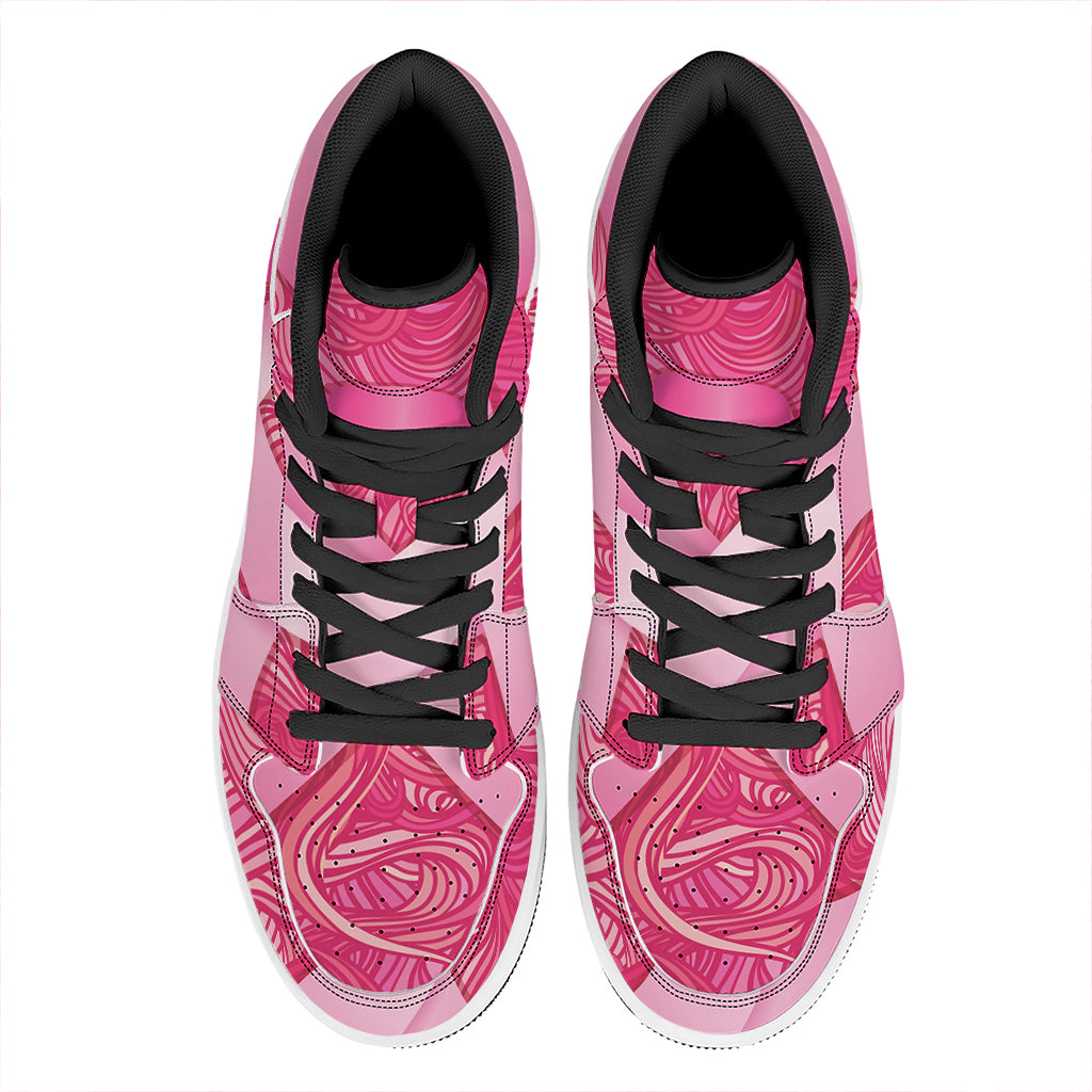 Breast Cancer Awareness Ribbon Print High Top Leather Sneakers