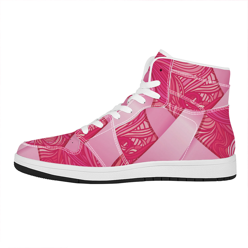 Breast Cancer Awareness Ribbon Print High Top Leather Sneakers
