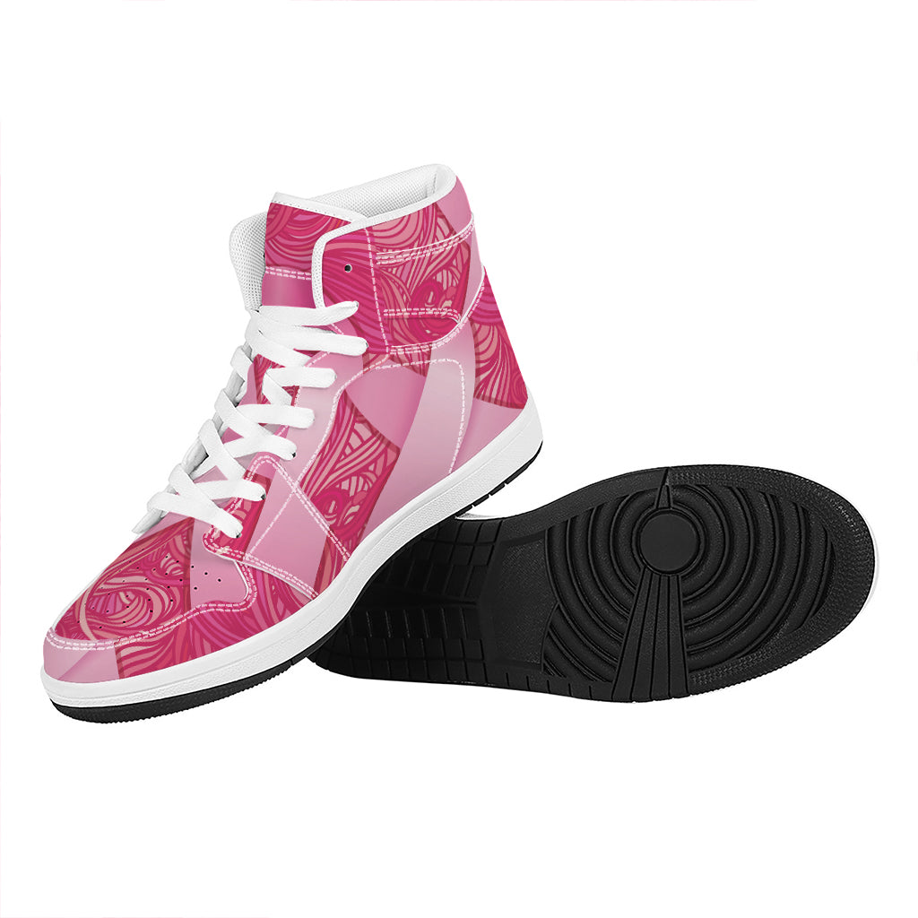 Breast Cancer Awareness Ribbon Print High Top Leather Sneakers
