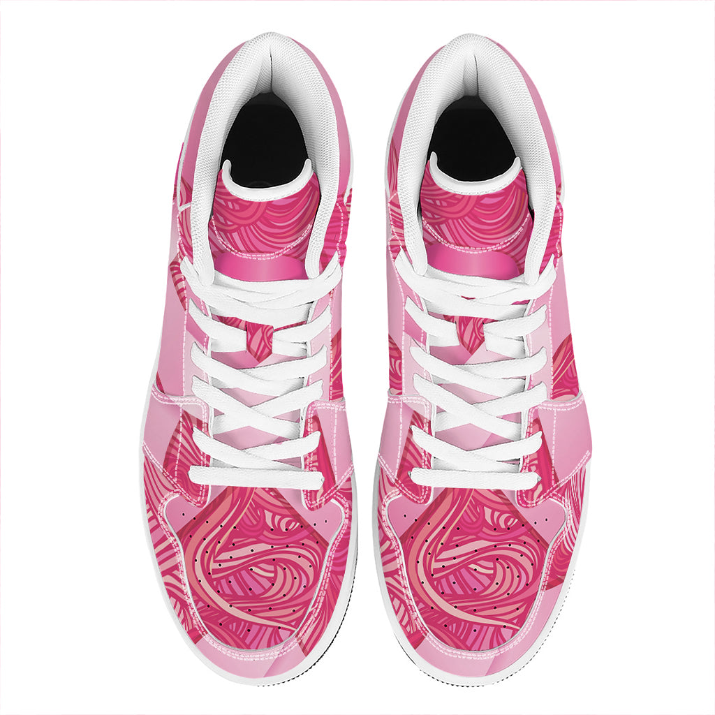 Breast Cancer Awareness Ribbon Print High Top Leather Sneakers