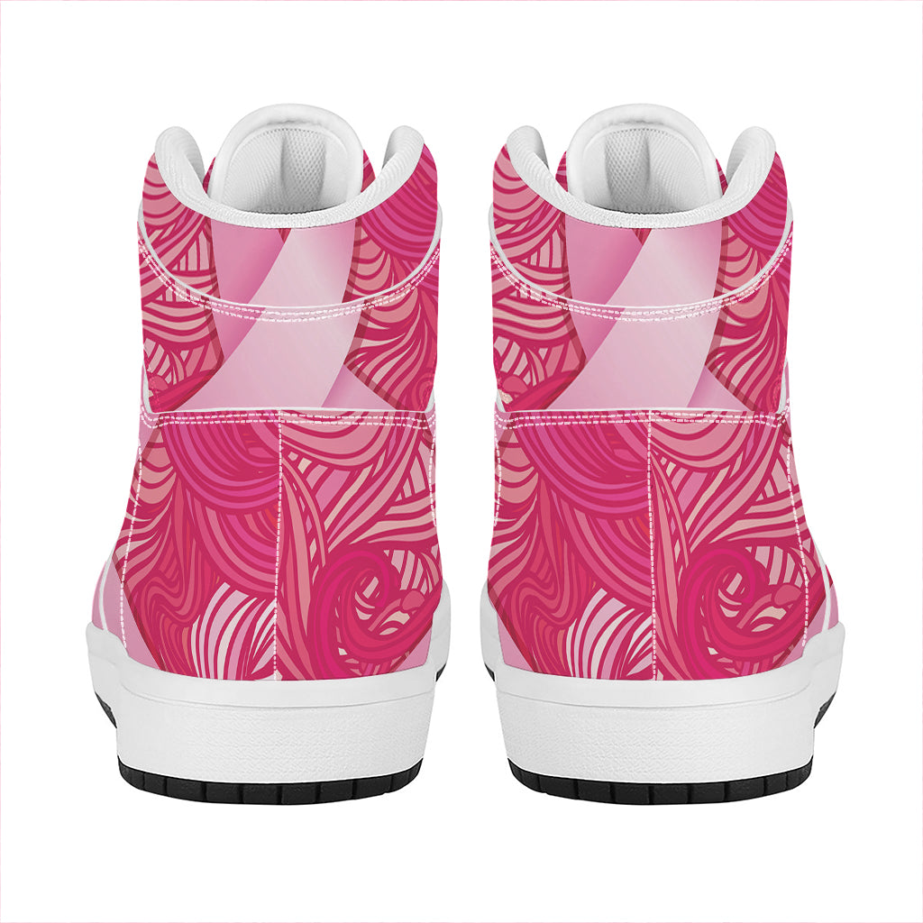 Breast Cancer Awareness Ribbon Print High Top Leather Sneakers