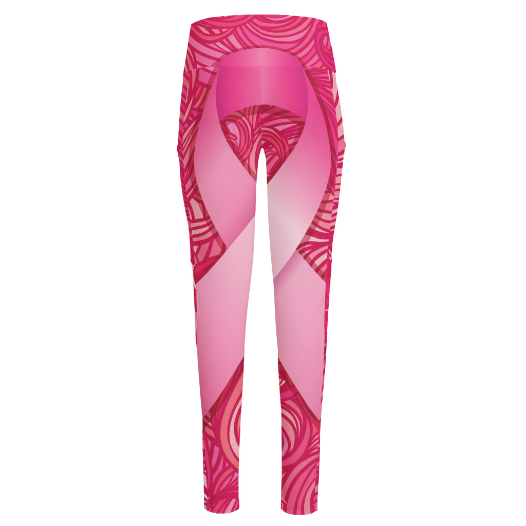 Breast Cancer Awareness Ribbon Print High-Waisted Pocket Leggings