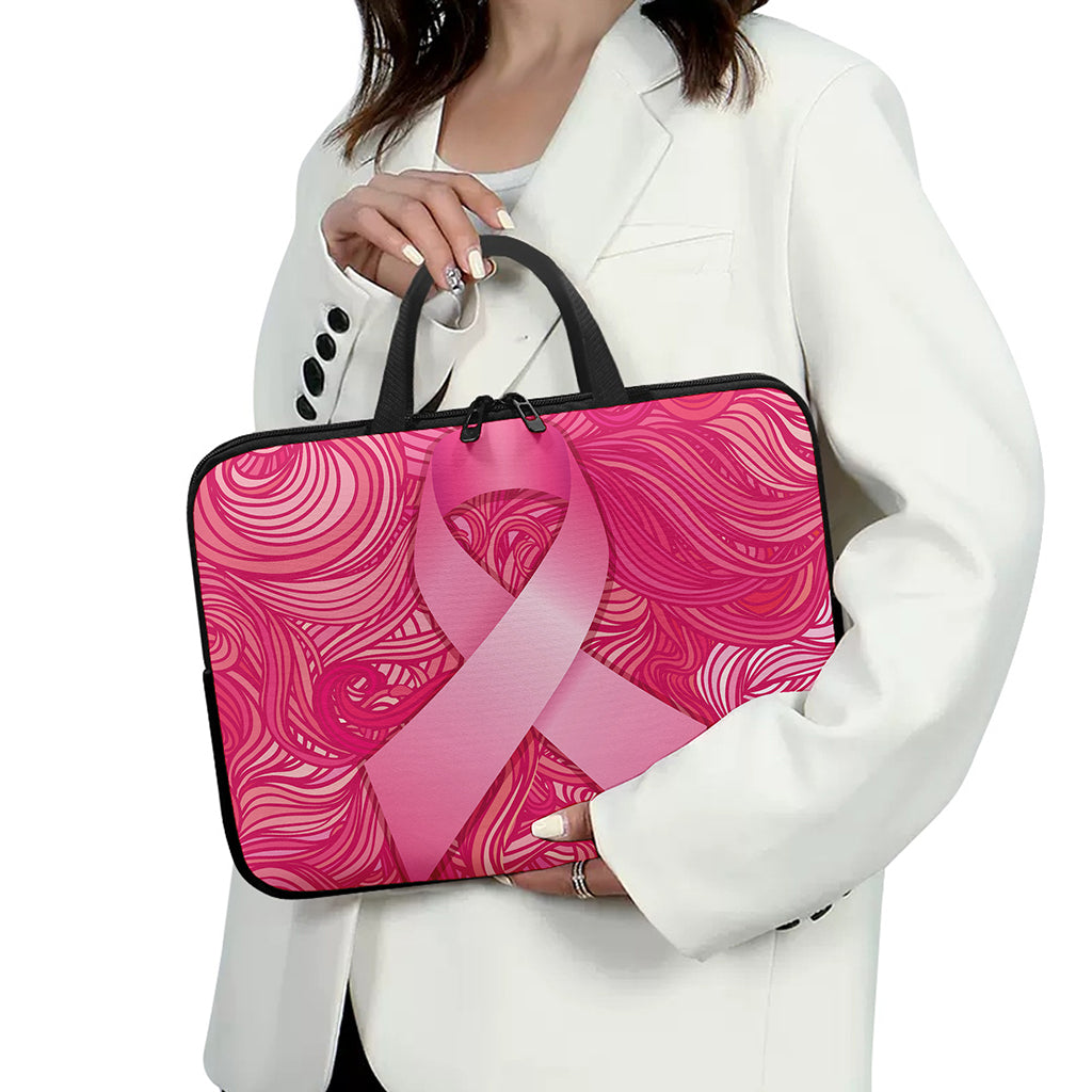 Breast Cancer Awareness Ribbon Print Laptop Sleeve With Handle