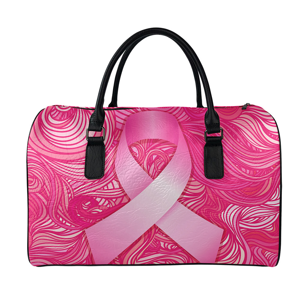 Breast Cancer Awareness Ribbon Print Leather Duffle Bag